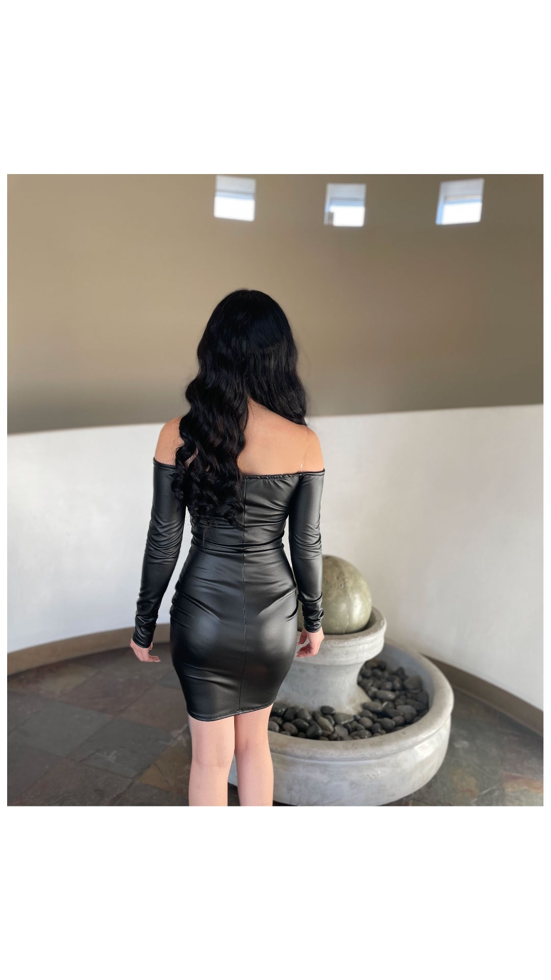 Woman Bodycon Sexy Black Leather Dress with Open Chest