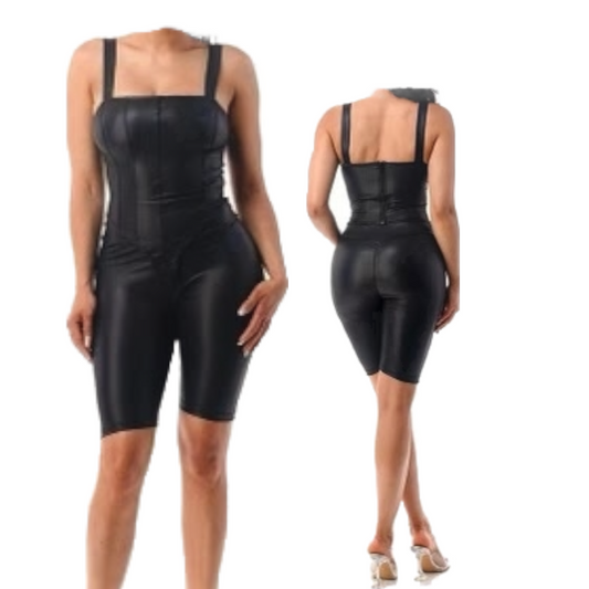 Traje de 2 piezas sexy para mujer de piel sintética, camiseta sin mangas con pantalones cortos, monos elásticos, body con