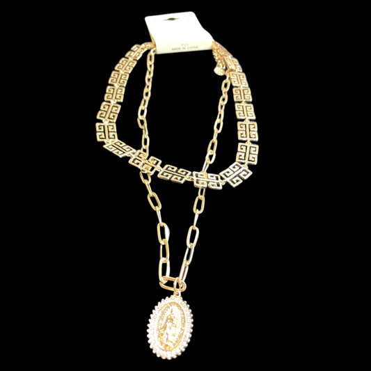 Faux Gold Necklace 2pc with Diamond charm with Saint