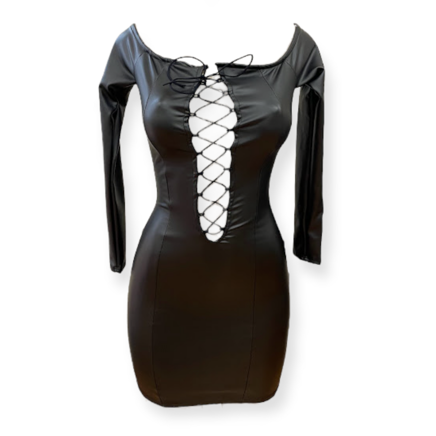 Woman Bodycon Sexy Black Leather Dress with Open Chest